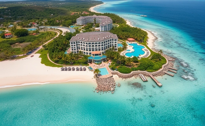 Aerial view of a luxury beachfront resort in Montego Bay