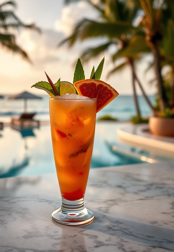 Tropical cocktail with ocean view at a luxury resort