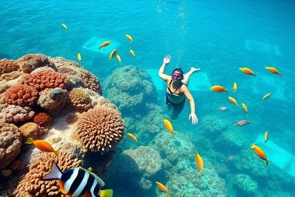 Couple snorkeling over a vibrant Caribbean coral reef