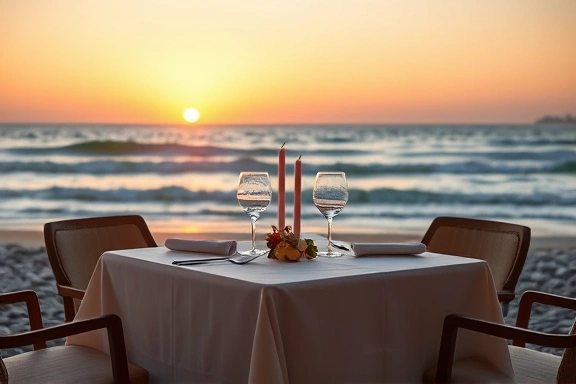 Romantic beachfront fine dining at sunset
