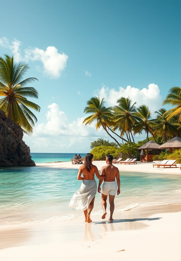 Couple walking along a luxury resort beach in Grenada