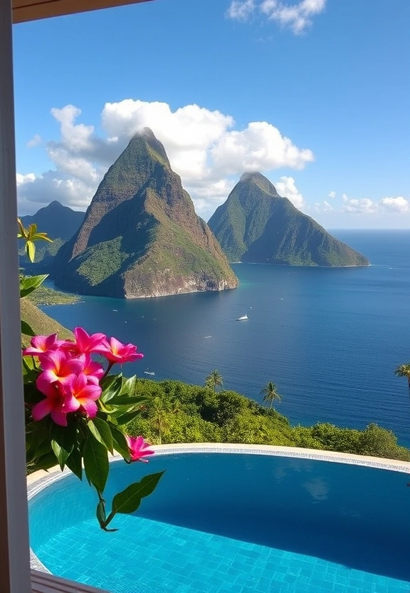 Resort balcony with stunning view of the Pitons in Saint Lucia